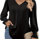 vlovelaw Solid V-neck Simple Blouse, Versatile Lantern Sleeve Blouse For Spring & Fall, Women's Clothing