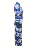 vlovelaw Floral Print Cut Out Dress, Boho High Neck Drawstring Bodycon Maxi Dress, Women's Clothing