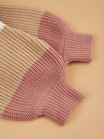 Adorable Girls' Drop Shoulder Knit Sweater Tops - Soft, Cozy, and Stylish Contrast Color Design for Autumn and Winter Seasons - Perfect for Casual Daily Wear