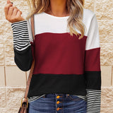 vlovelaw Striped Waffle Round Neck Tops, Casual Long Sleeve Fashion Loose Fits Tunics Tops, Women's Clothing