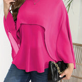 vlovelaw  Plus Size Elegant Blouse, Women's Plus Solid Layered Mesh Batwing Sleeve Round Neck Shirt Top