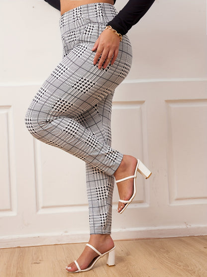 vlovelaw Plus Size Casual Pants, Women's Plus Houndstooth Print High Waist Medium Stretch Slim Fit Pants