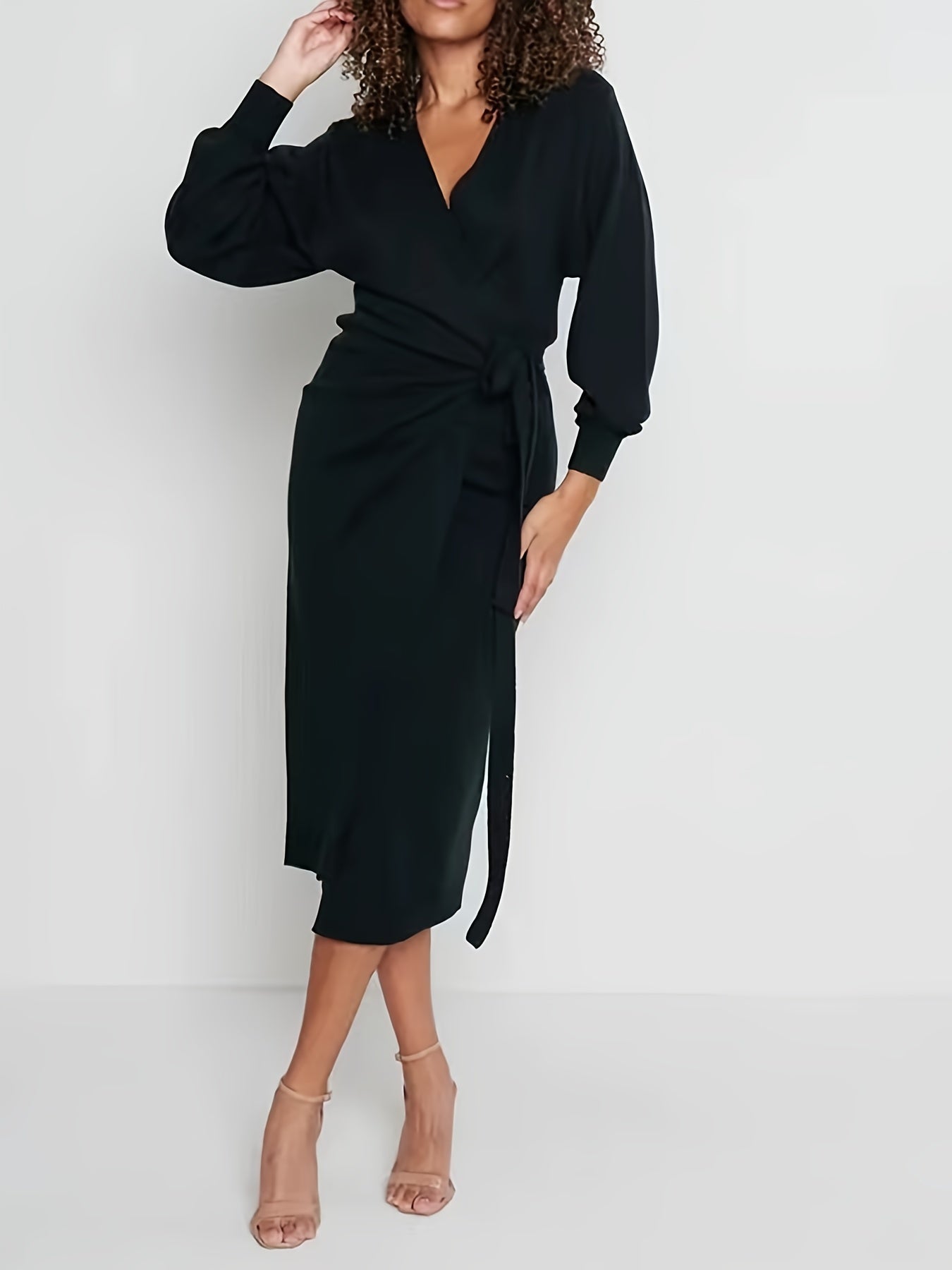 vlovelaw  Tie Waist Split Dress, Elegant Long Sleeve V Neck Midi Dress For Fall & Winter, Women's Clothing