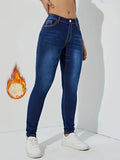 vlovelaw  Fleece Liner Casual Skinny Jeans, Slant Pockets Slim Fit Stretchy Tight Jeans, Women's Denim Jeans & Clothing