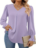 vlovelaw Solid V-neck Simple Blouse, Versatile Lantern Sleeve Blouse For Spring & Fall, Women's Clothing