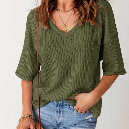 vlovelaw Solid Elegant V Neck T-Shirt, Drop Shoulder Casual Top For Summer & Spring, Women's Clothing