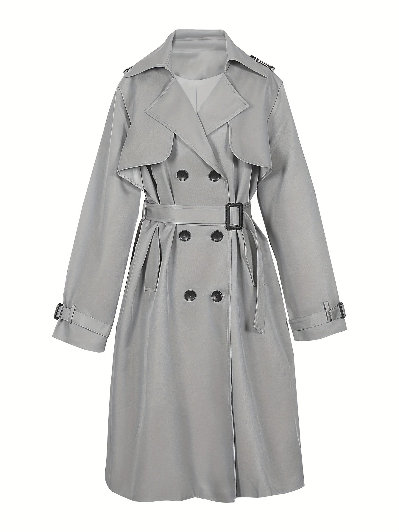 vlovelaw  Plus Size Casual Coat, Women's Plus Solid Long Sleeve Lapel Collar Double Button Buckle Overcoat With Belt