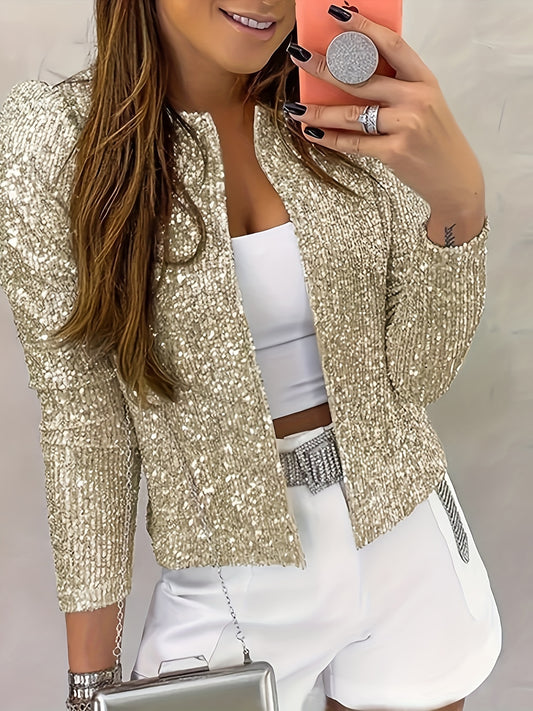 vlovelaw  Solid Crew Neck Sequined Jacket, Long Sleeve Casual Every Day Top For Spring & Fall, Women's Clothing