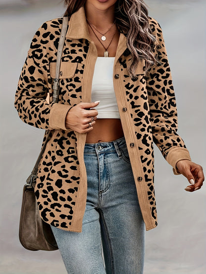 vlovelaw  Leopard Print Shacket Jacket, Casual Button Front Turn Down Collar Long Sleeve Outerwear, Women's Clothing