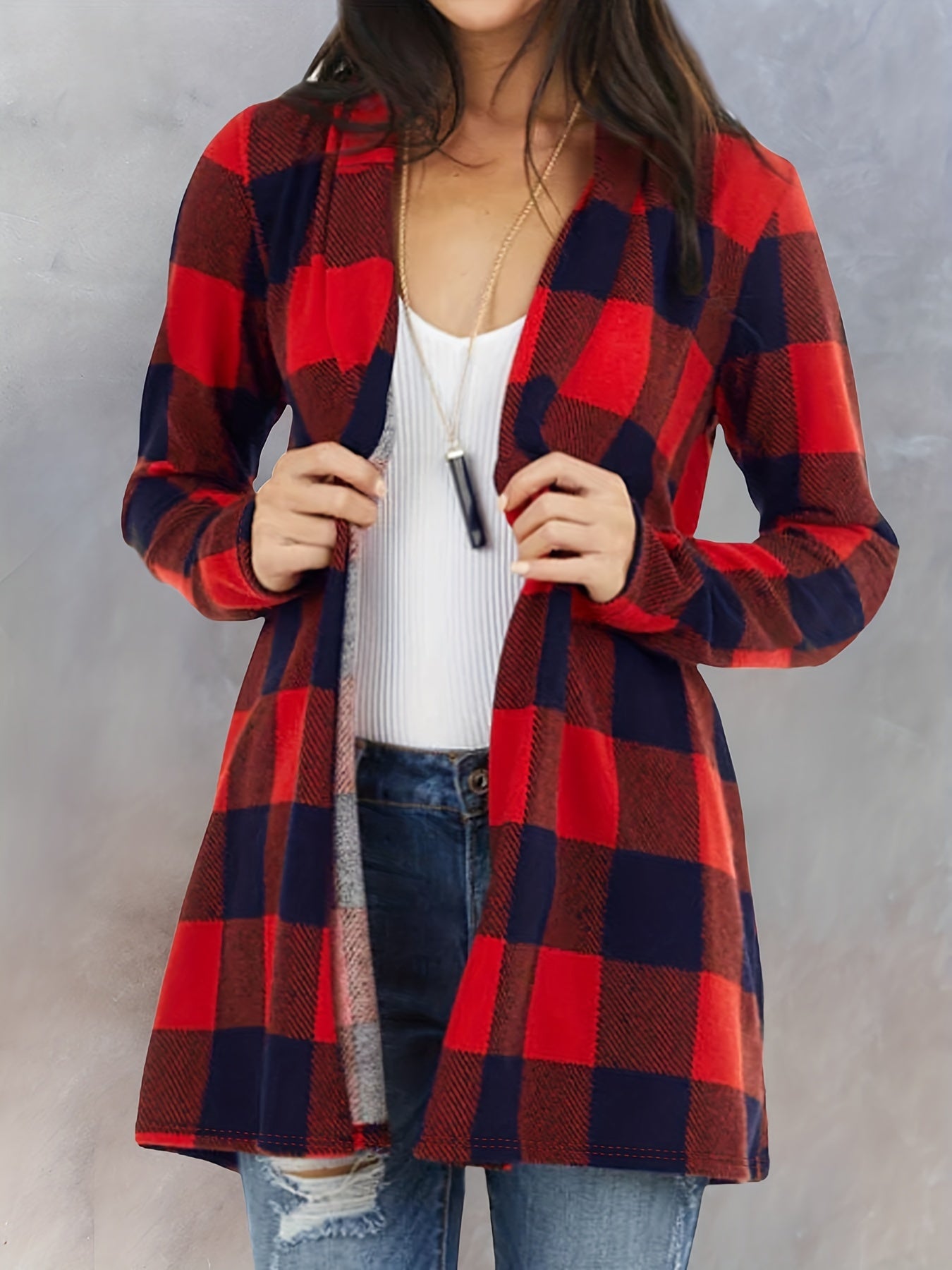 Plaid Print Cardigan, Casual Open Front Long Sleeve Outerwear, Women's Clothing