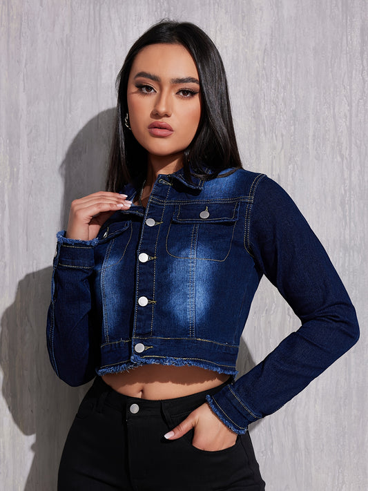 vlovelaw  Raw Hem Washed Single-breasted Denim Coat, Long Sleeve High Stretch Retro Cropped Denim Jacket, Women's Denim Jeans & Clothing