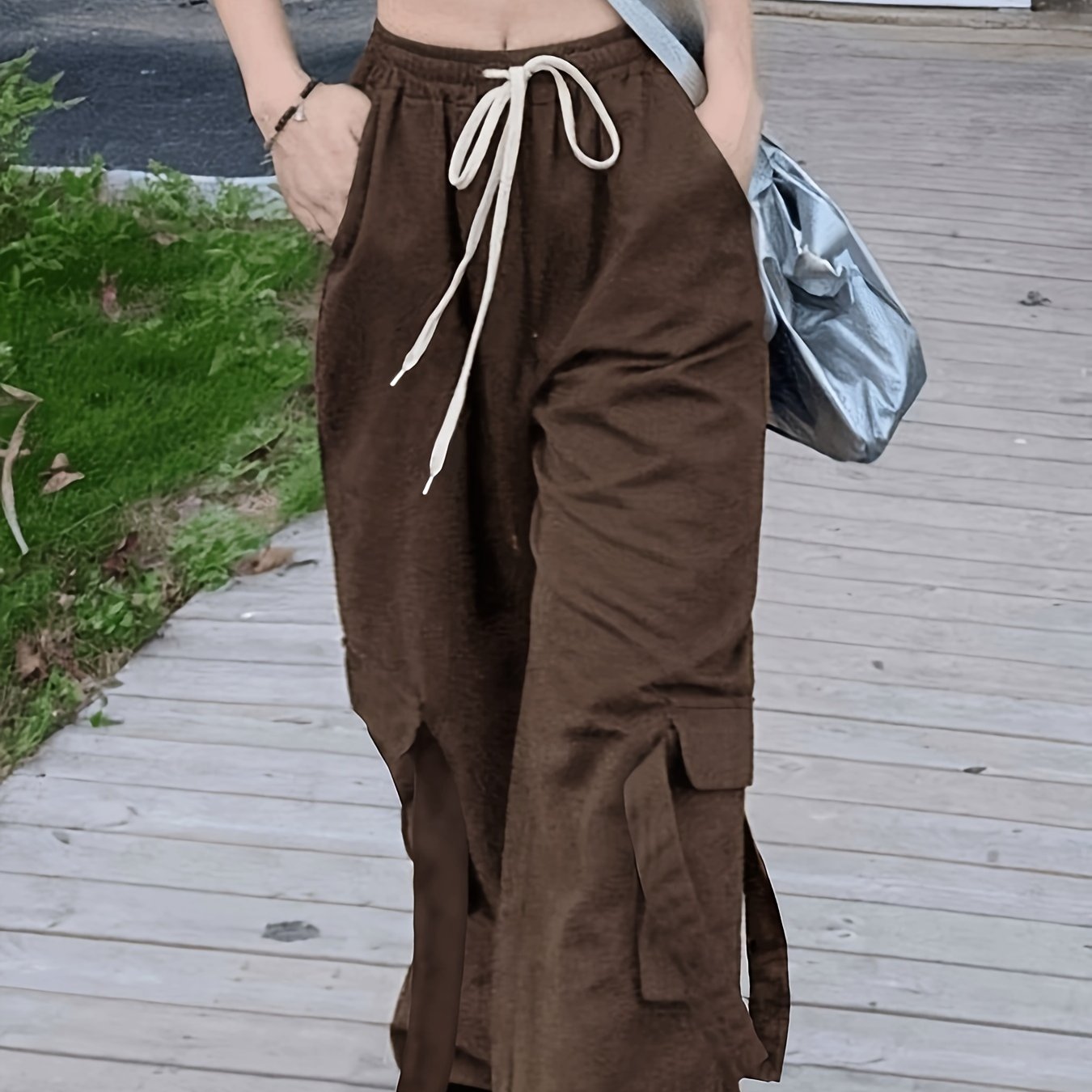 vlovelaw  Solid Wide Leg Cargo Pants, Y2K Drawstring Streetwear Baggy Pants With Pocket, Women's Clothing