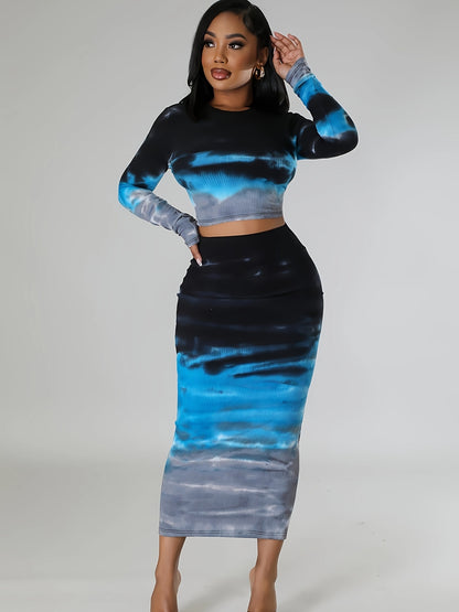 vlovelaw  Tie Dye Slim Two-piece Set, Long Sleeve Crop Top & Skirt Outfits, Women's Clothing