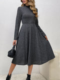 Solid Mock Neck Aline Dress, Elegant Long Sleeve Dress For Spring & Fall, Women's Clothing