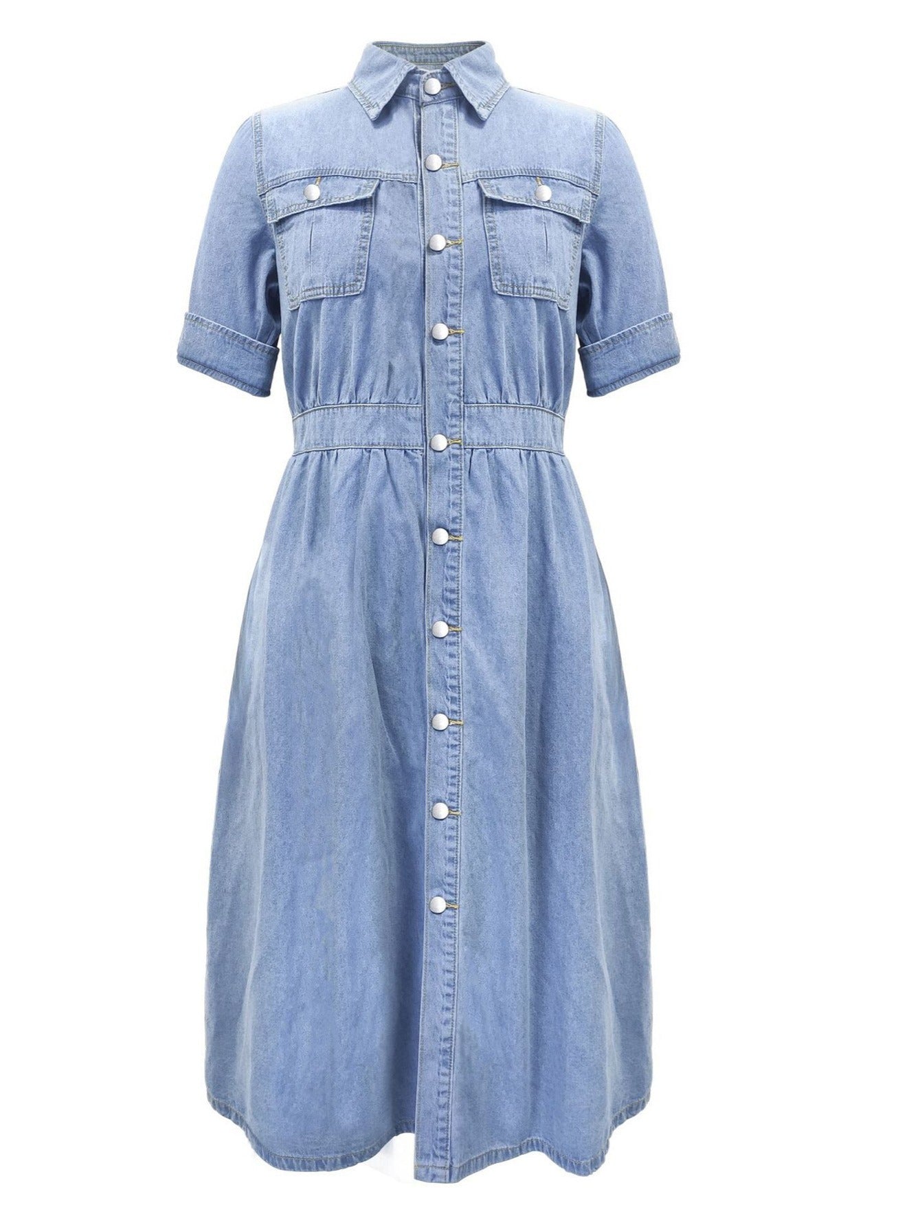 vlovelaw  A-Line Flap Pockets Denim Dress, Rolled Sleeve Button Up V Neck Dress, Casual Lapel Denim Long Dress, Women's Denim Dress & Clothing