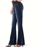 vlovelaw  Slant Pockets Washed Flare Jeans, Mid-Stretch Versatile Bell Bottom Jeans, Women's Denim Jeans & Clothing