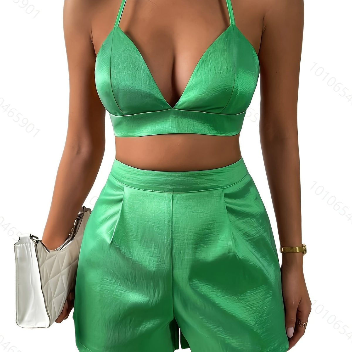 vlovelaw Solid Casual Two-piece Set, Halter Neck Crop Top & High Waist Shorts Outfits, Women's Clothing