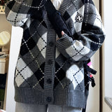 vlovelaw Plaid Button Down Knit Cardigan, Preppy Long Sleeve Loose Sweater With Pocket, Women's Clothing