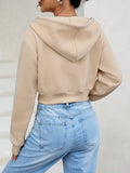 Solid Half Zip Crop Hoodie, Casual Long Sleeve Drawstring Hoodies Sweatshirt, Women's Clothing