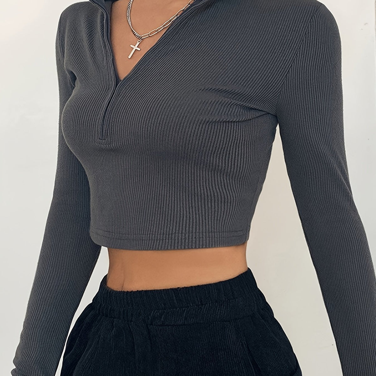 vlovelaw  Ribbed Zip Up Crop Top, Y2K V-neck Long Sleeve T-shirt For Spring & Fall, Women's Clothing