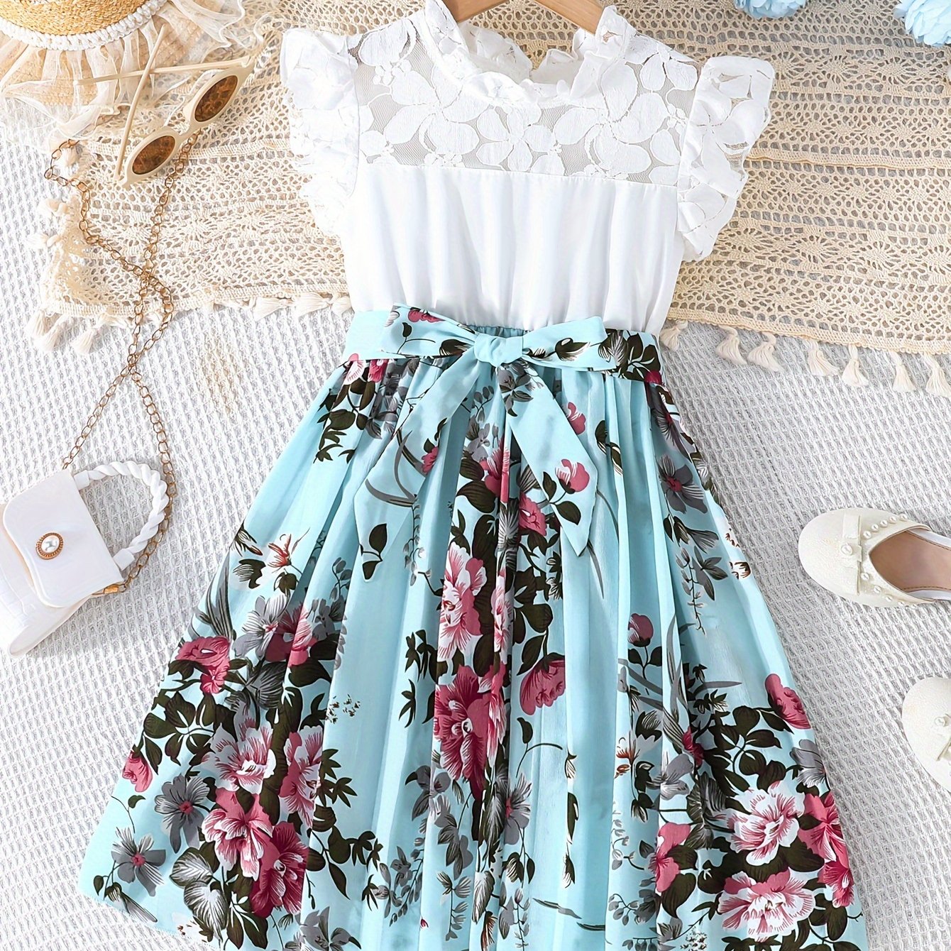 Summer Blooms Girls Dress - Lace Accented Pleated Floral Print with Belt for Holiday Wear