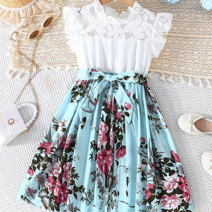 Summer Blooms Girls Dress - Lace Accented Pleated Floral Print with Belt for Holiday Wear