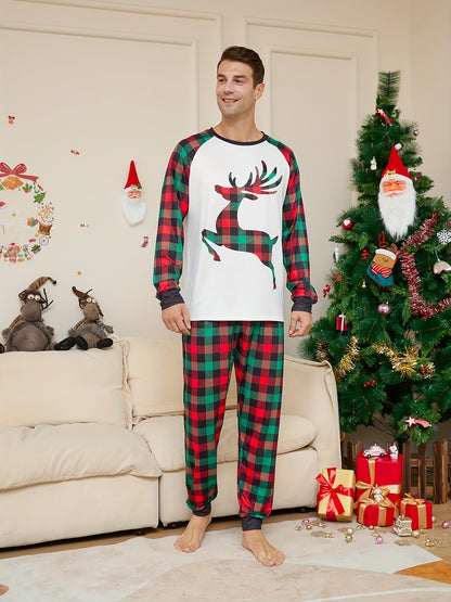 Men's Trendy Casual Christmas Pajamas Sets, Reindeer Plaid Graphic Print Long Sleeve Crew Neck Top & Loose Pants Lounge Wear