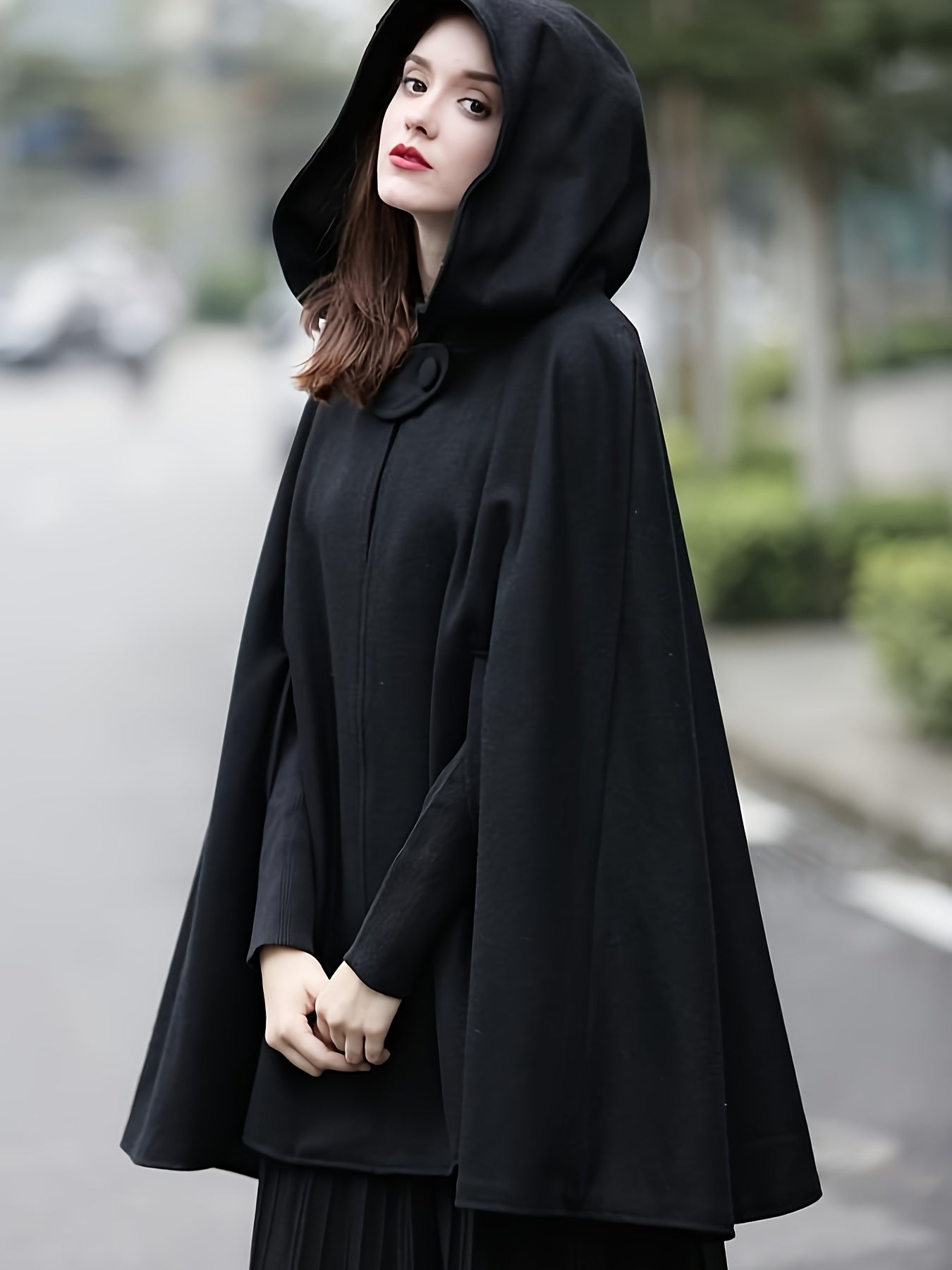 Plus Size Elegant Coat, Women's Plus Solid Split Cape Sleeve Button Detail Hooded Shawl Coat