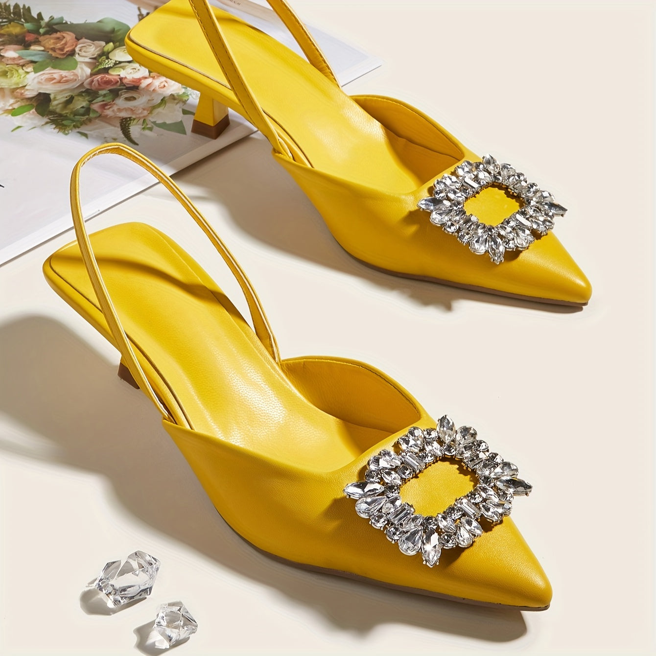 Chic All-Season Pointed-Toe Slingback Heels with Crystal Accents – Comfortable Faux Leather Sandals with Elastic Strap