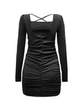 vlovelaw  Backless Ruched Dress, Sexy Squared Neck Long Sleeve Bodycon Dress, Women's Clothing