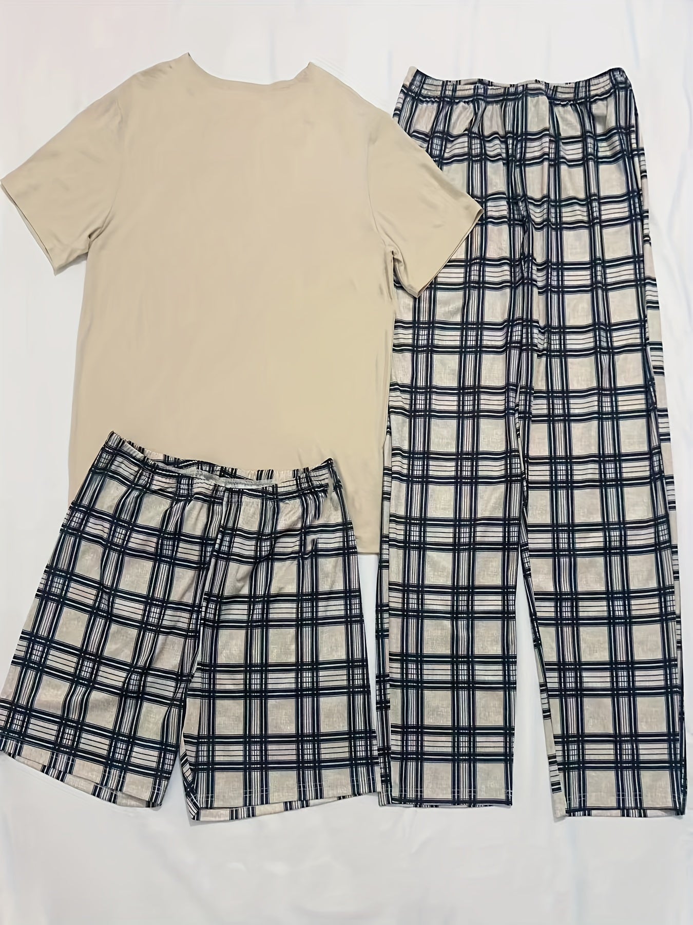 3-Piece Men's Comfort Loungewear Set - Trendy Short Sleeve Crew Neck T-Shirt, Plaid Stretchy Shorts & Pants - Relaxed Elastic Waistband - Casual Home Wear