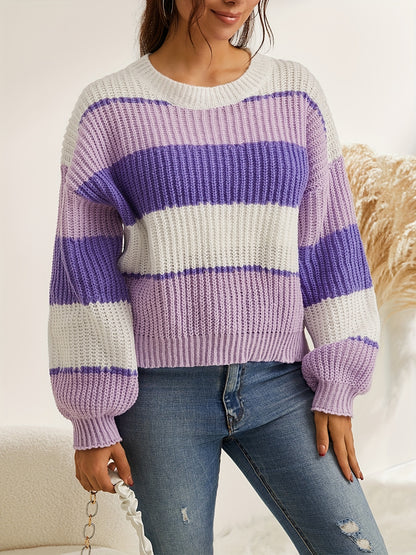 vlovelaw  Striped Print Knit Sweater, Casual Crew Neck Long Sleeve Pullover Sweater, Women's Clothing