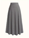 vlovelaw  Houndstooth Print High Waist Skirt, Elegant A-line Maxi Dress, Women's Clothing