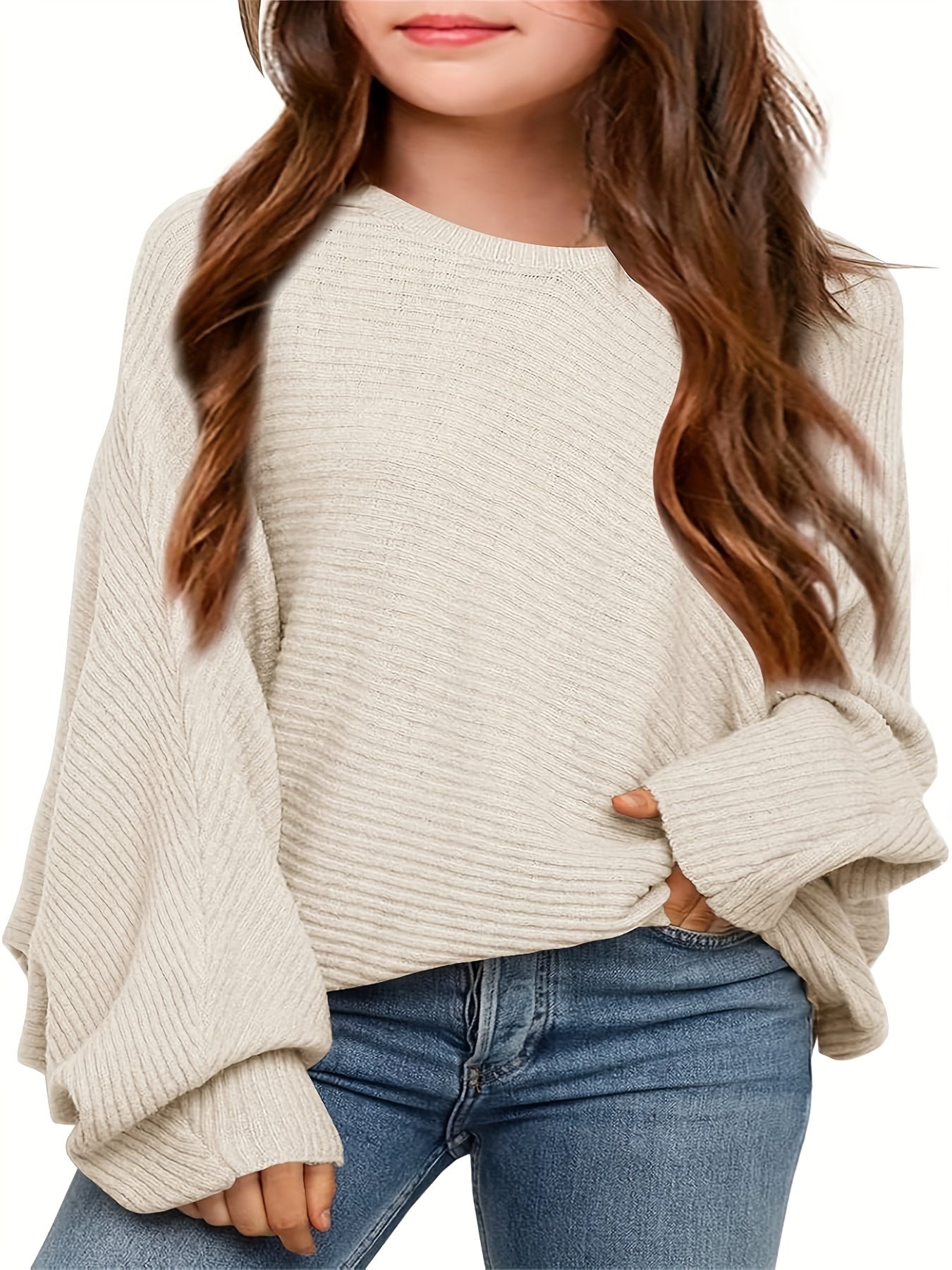 Kids' Cozy Oversized Batwing Crewneck Sweater - Soft, Chunky, Slouchy, Long Sleeve, Fall Fashion Essential for Girls - Cute Pullover Jumper Shirt for Casual Daily Wear