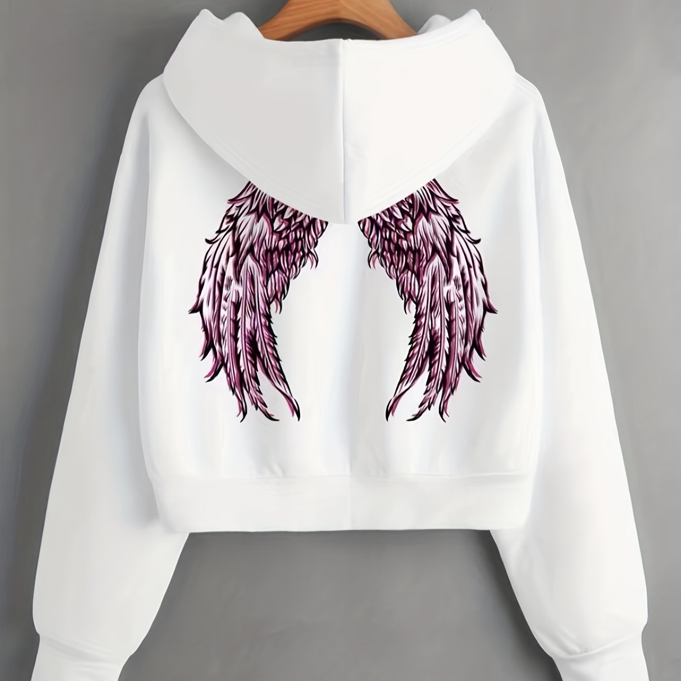 vlovelaw  Wings Print Thermal Lined Drawstring Crop Sweatshirt, Long Sleeve Casual Sports Hoodie, Women's Athleisure