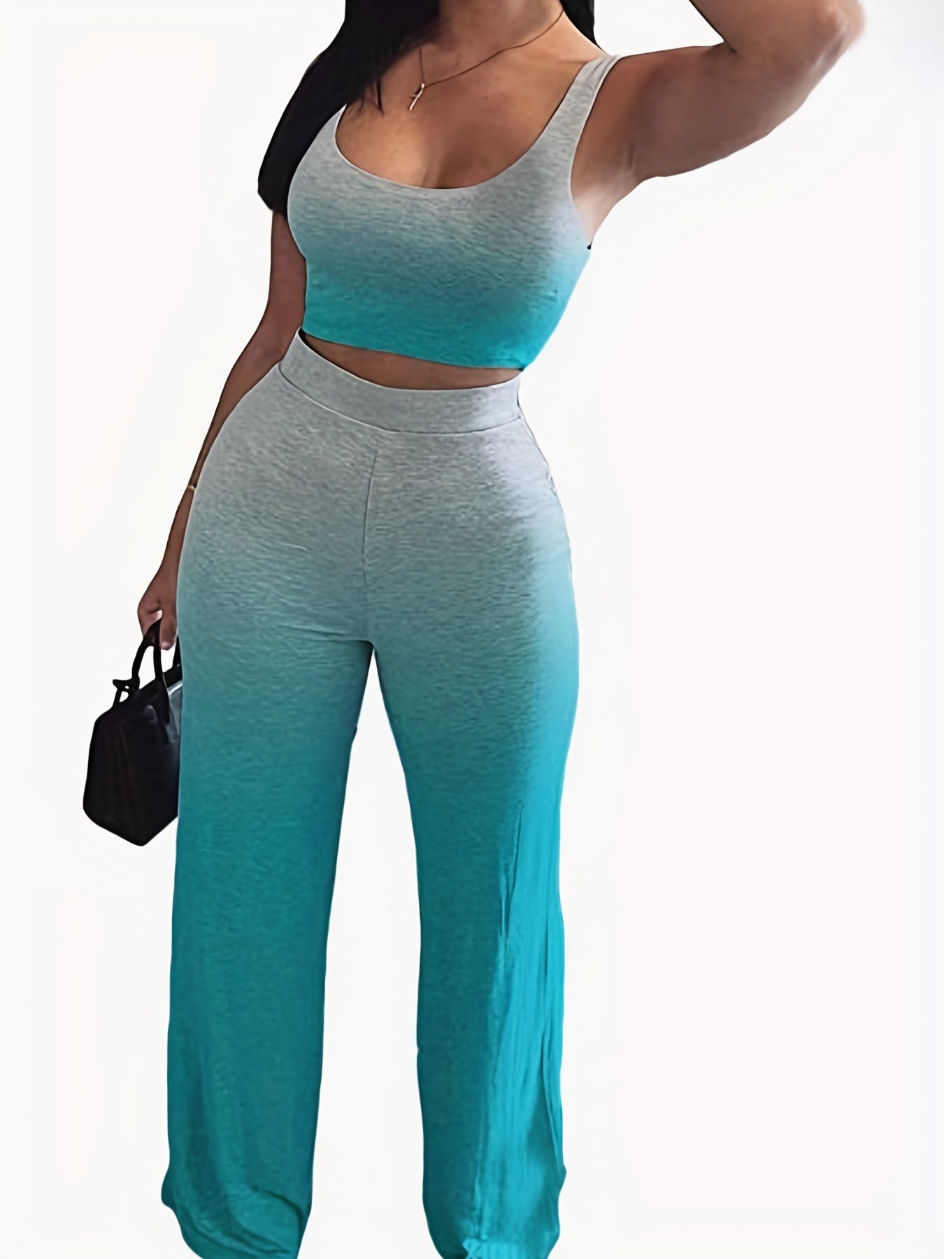 vlovelaw Casual Workout 2 Pieces Set, Cropped Sleeveless Tank Top & High Waist Wide Leg Pants Outfits, Women's Clothing