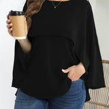 vlovelaw  Plus Size Elegant Blouse, Women's Plus Solid Layered Mesh Batwing Sleeve Round Neck Shirt Top