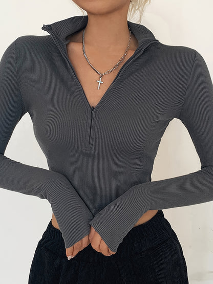 vlovelaw  Ribbed Zip Up Crop Top, Y2K V-neck Long Sleeve T-shirt For Spring & Fall, Women's Clothing