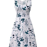 vlovelaw  Plus Size Elegant Dress, Women's Plus Floral Print Round Neck Medium Stretch Tank Dress