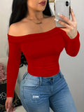 vlovelaw  Plus Size Basic Knit Top, Women's Plus Solid Ribbed Long Sleeve Off Shoulder Skinny Knit Top