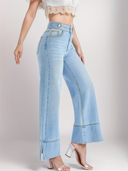 vlovelaw  High Waist Casual Baggy Jeans, Double Button High Stretch Wide Legs Jeans, Women's Denim Jeans & Clothing