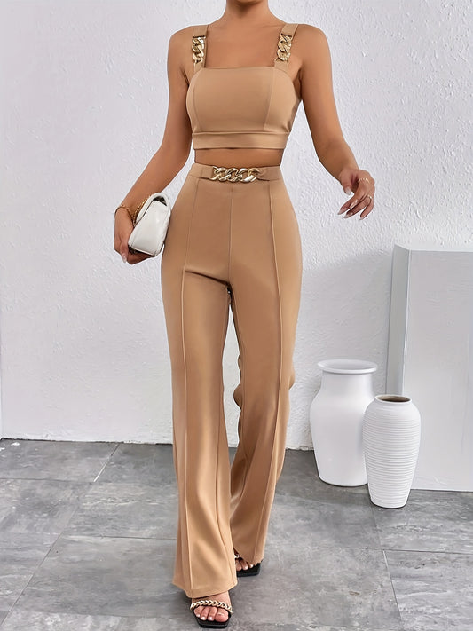 vlovelaw  Elegant Solid Color Two-piece, Chain Strap Backless Crop Top & High Waist Straight Leg Pants Outfits, Women's Clothing