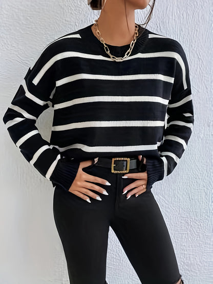 vlovelaw  Striped Crew Neck Pullover Sweater, Casual Long Sleeve Drop Shoulder Sweater, Women's Clothing