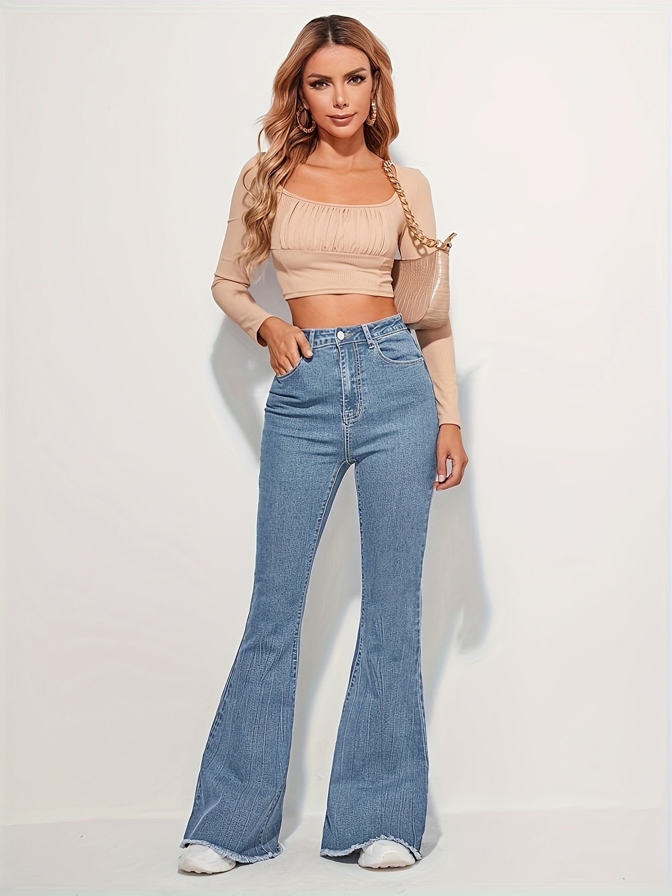 vlovelaw Raw Trim Fashion Bell Bottom Jeans, High Waist Elastic Washed Elegant Denim Pants, Women's Denim Jeans & Clothing