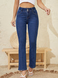 vlovelaw  Blue Double Button Bootcut Jeans, High Stretch Slant Pockets Casual Denim Pants, Women's Denim Jeans & Clothing