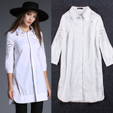 VLOVELAW Design Sense Autumn Top Graceful European and American Fashion Casual Hollow Embroidered Long 3/4 Sleeves Cotton Shirt for Women