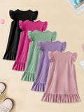 5pcs Girls Charming Ruffle Sleeve Dress Set - Versatile Plain Colors for Everyday Casual Wear, Ideal Summer Style & Gift