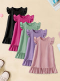 5pcs Girls Charming Ruffle Sleeve Dress Set - Versatile Plain Colors for Everyday Casual Wear, Ideal Summer Style & Gift