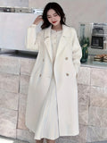 vlovelaw Solid Double-breasted Tied Coat, Casual Long Sleeve Lapel Coat For Fall & Winter, Women's Clothing