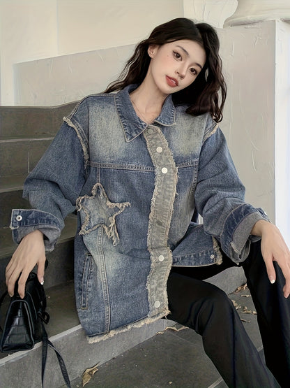 Blue Star Raw Seam Denim Coat, Long Sleeves Raw Hem Loose Fit Lapel Denim Jacket, Women's Denim Clothing